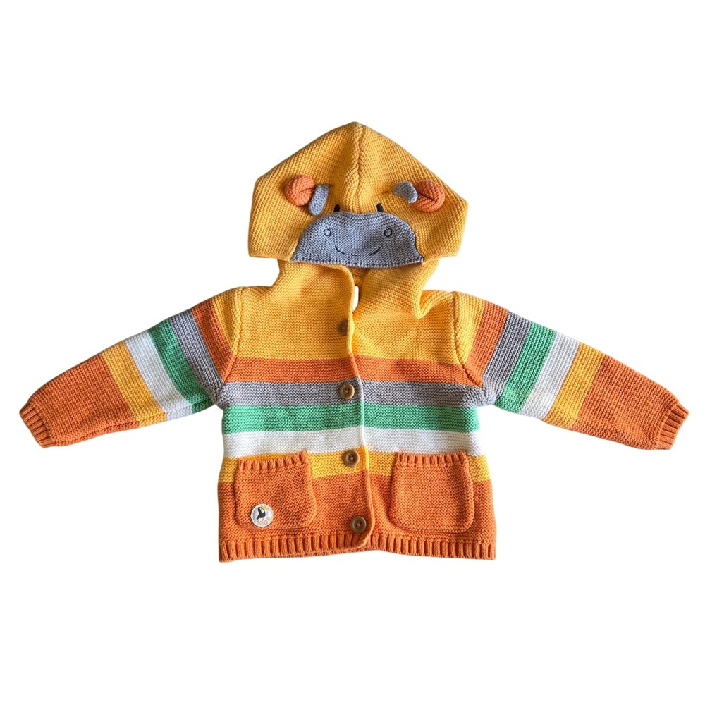 Boboli Multicolor Stripe Cotton Hooded Cardigan Baby 9M Hippo Face Cute Colorful